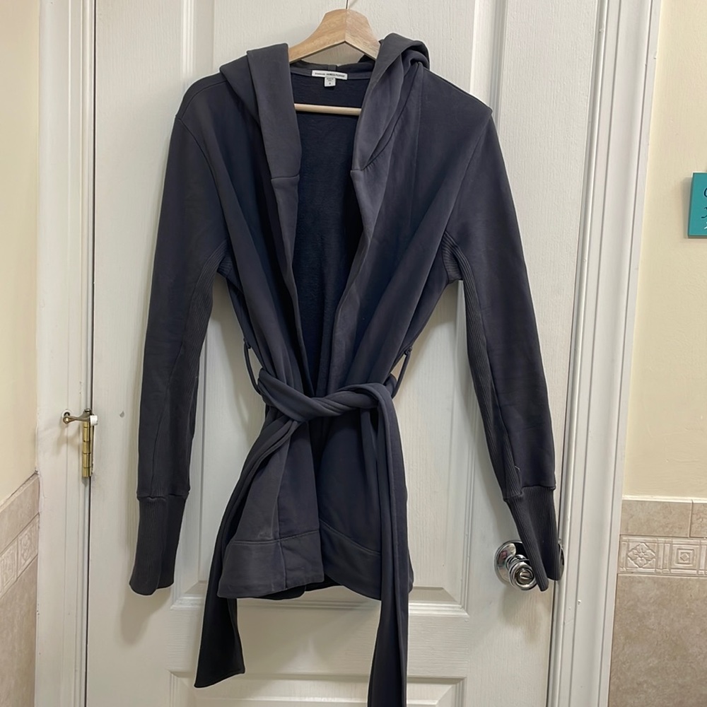 James Perse GRAY Belted Hooded Sweatshirt Jacket L